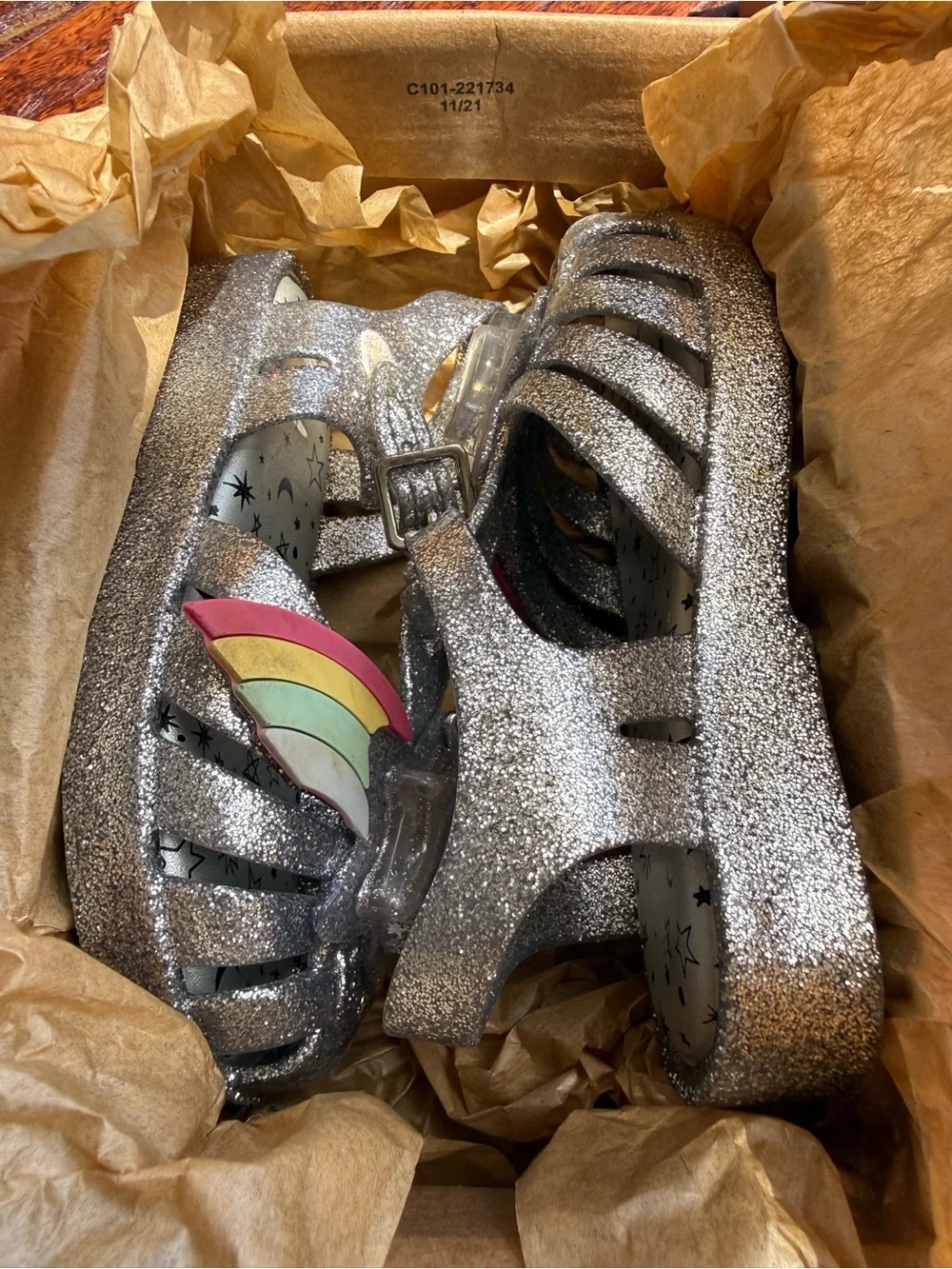 Mini Melissa Silver Glitter Star & Rainbow Jelly Sandals
